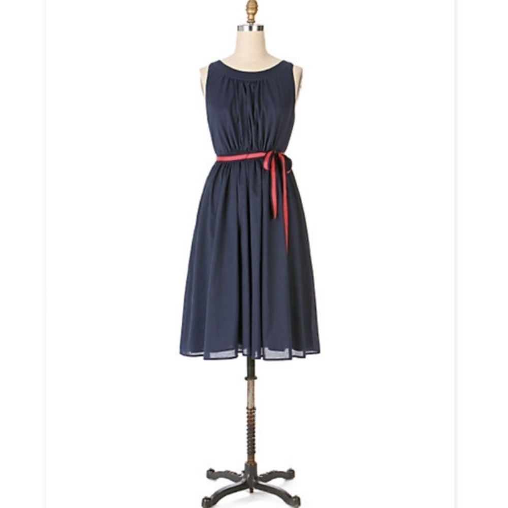 Anthropologie  Silk Cotton Upper Deck Navy Blue Preppy Fit Flare Pleated Dress S